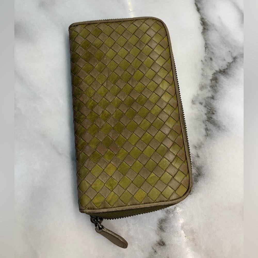 Bottega Veneta Intrecciato Zip Around Wallet Olive Taupe Woven Leather Italy - Picture 6 of 10